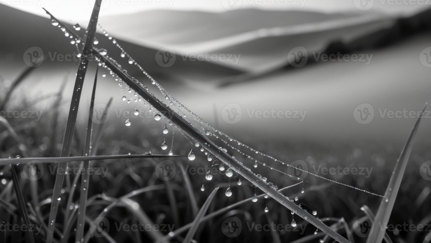 Dew Drops on Spiderweb with Grassy Field photo