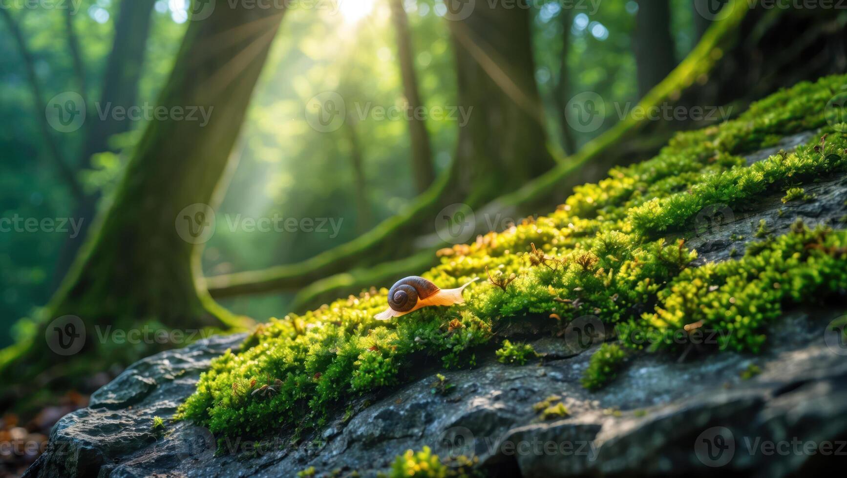 Snail Crawling on Mossy Rock in Forest Sunlight photo