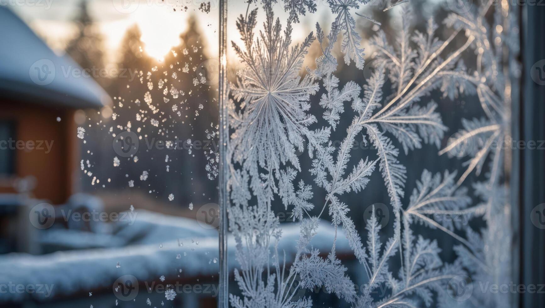 Frost Patterns on Window with Blurred Winter Landscape Behind photo