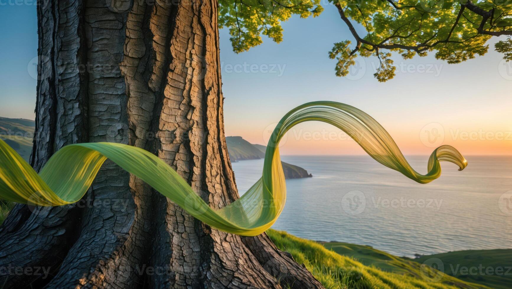 Tree Trunk and Green Ribbon with Seascape View at Sunset photo