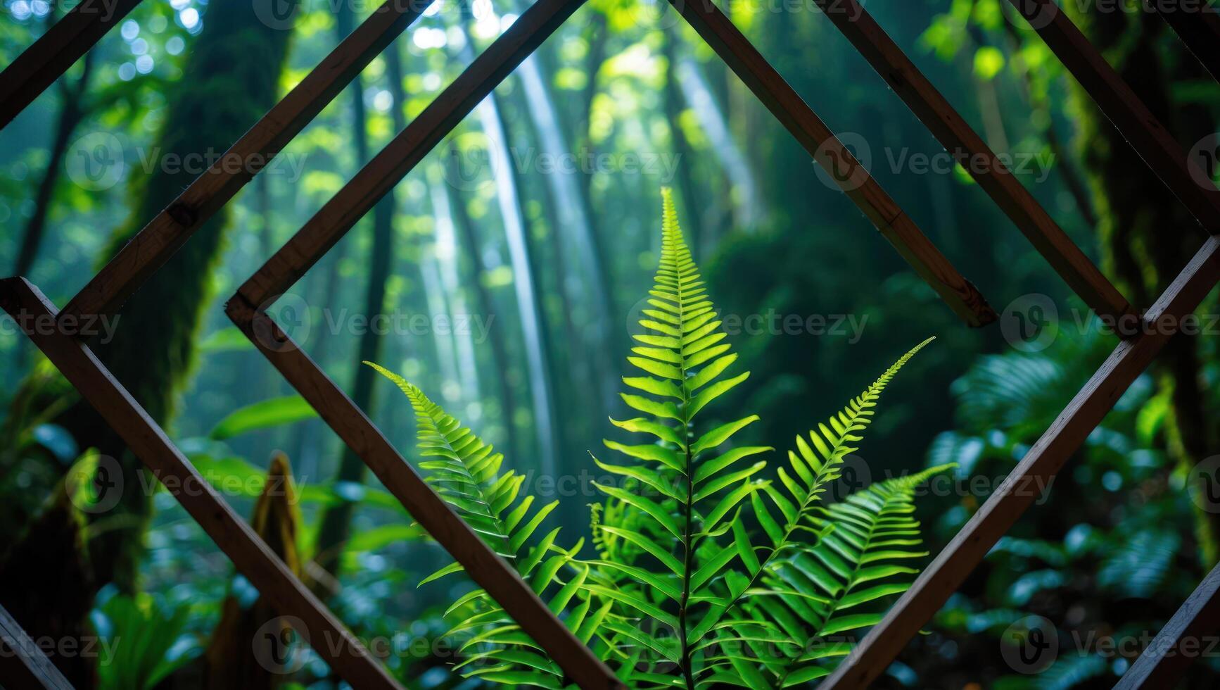 Fern Frond in Geometric Wood Frame Forest Backdrop photo