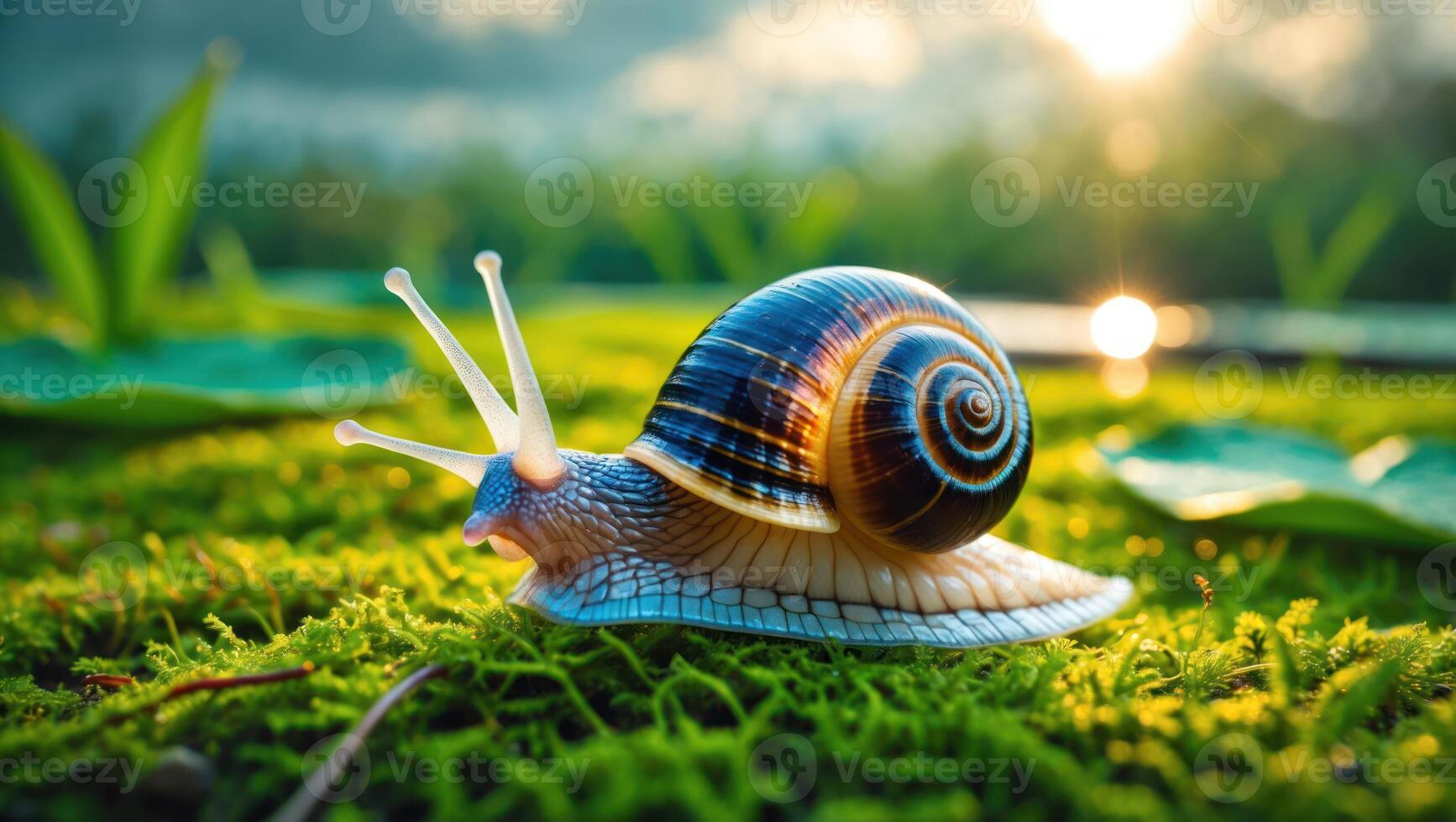 Snail Crawling on Mossy Ground with Sunlight Background photo