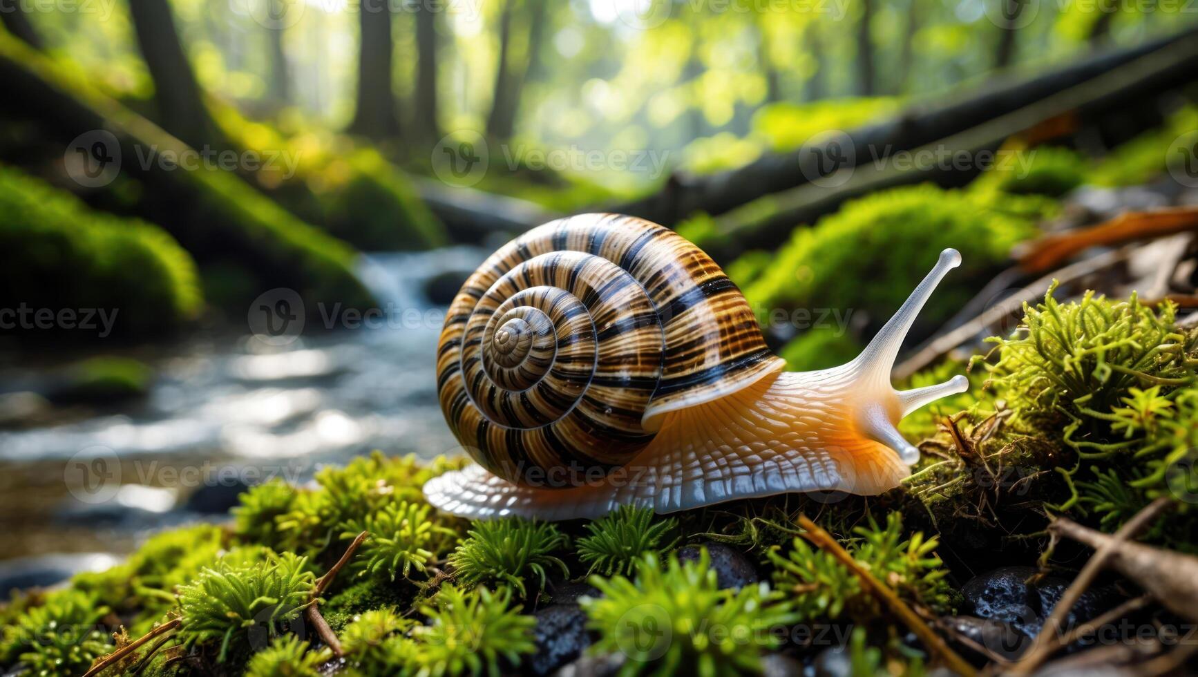 Snail Crawling on Moss in Forest by Stream photo