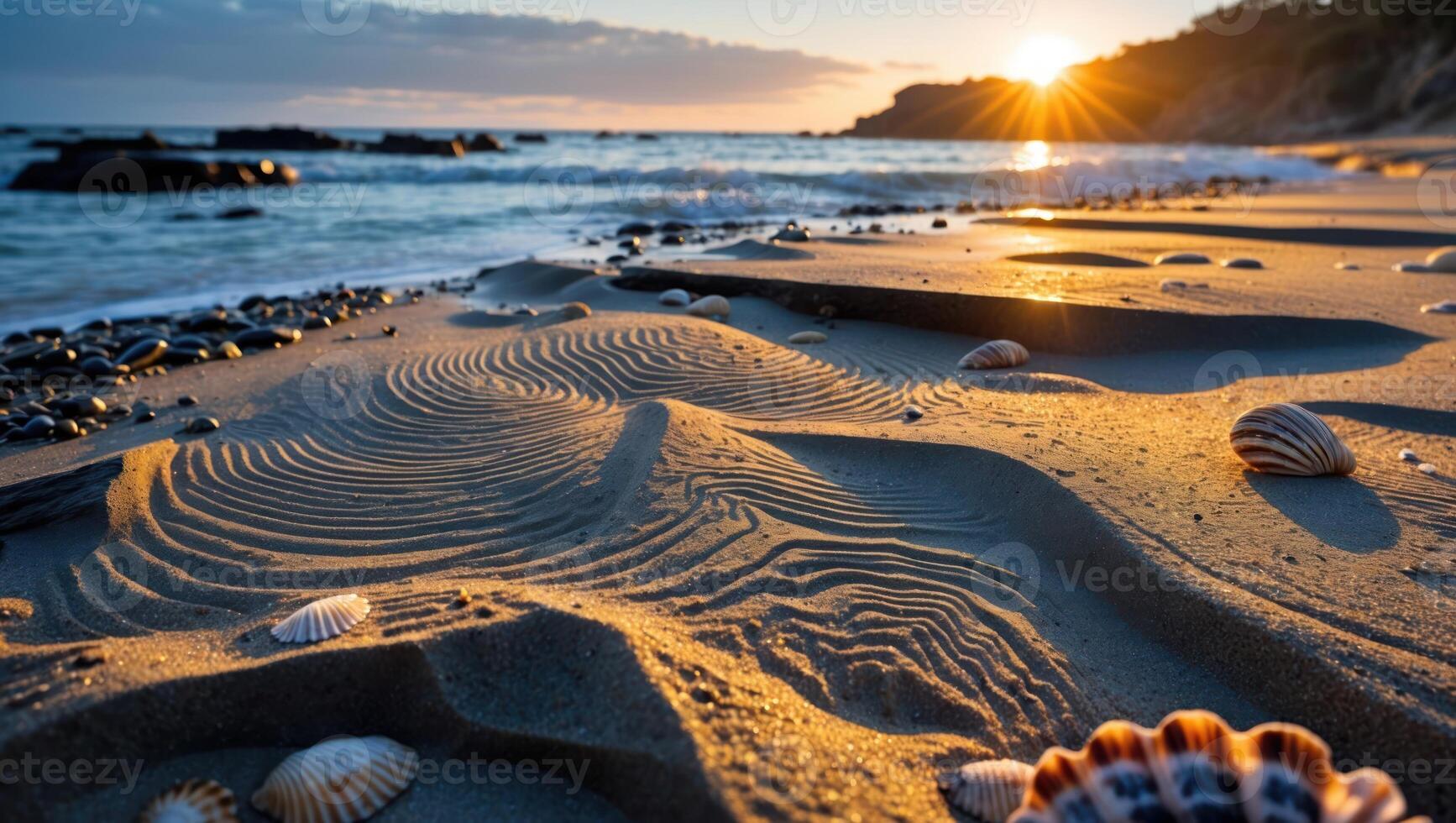 Seashells on Sandy Beach at Sunset with Ripple Patterns photo