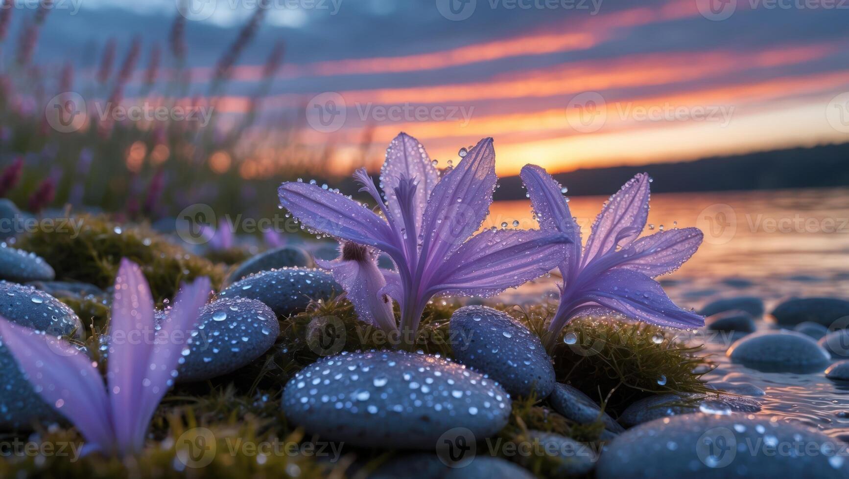 Blooming Purple Flowers on Rocks with Water Droplets at Sunset photo