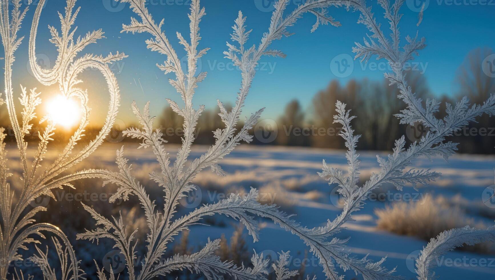 Frost Pattern on Window with Winter Landscape at Sunrise photo