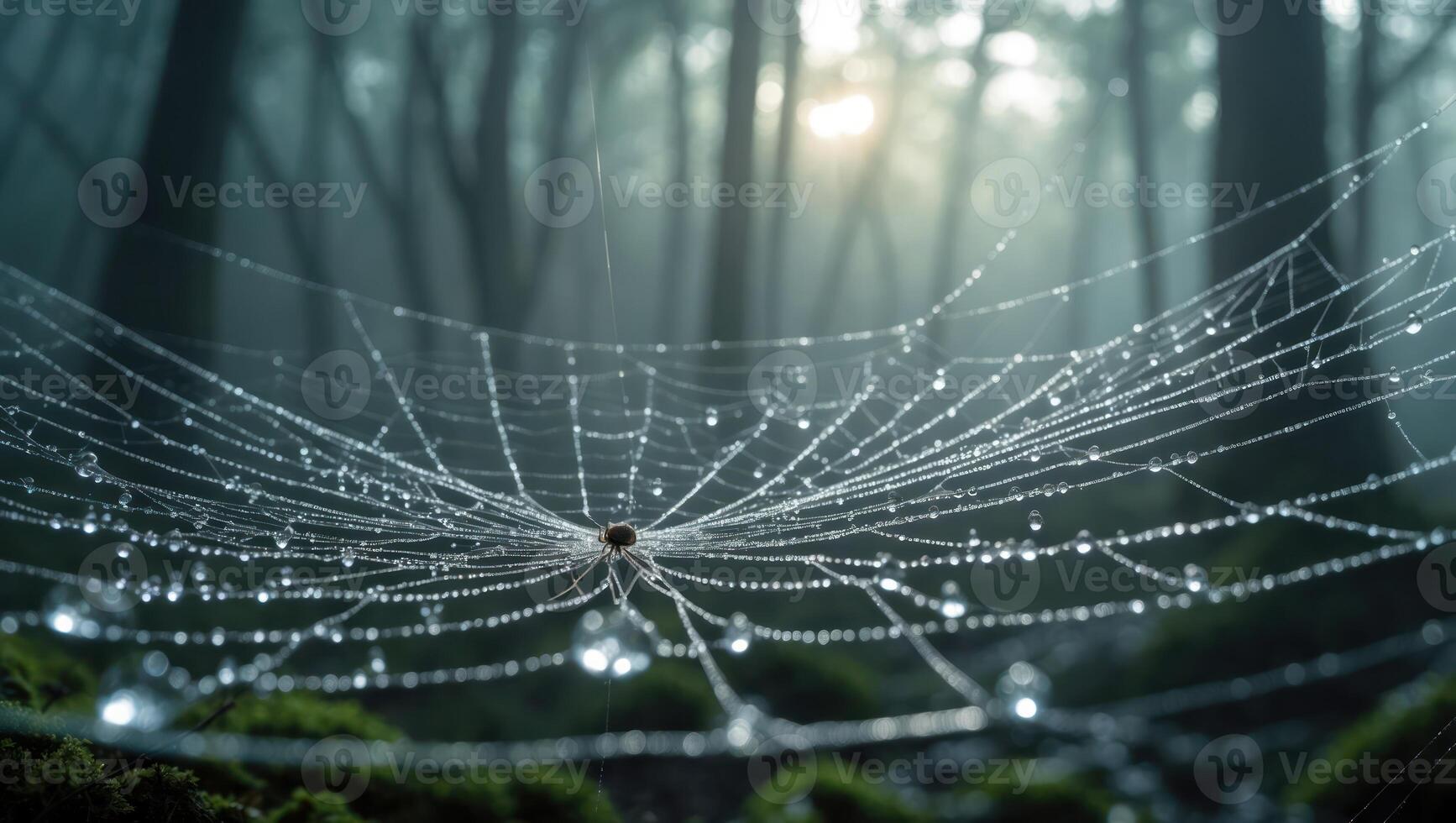 Spiderweb with Dew Drops in Misty Forest photo