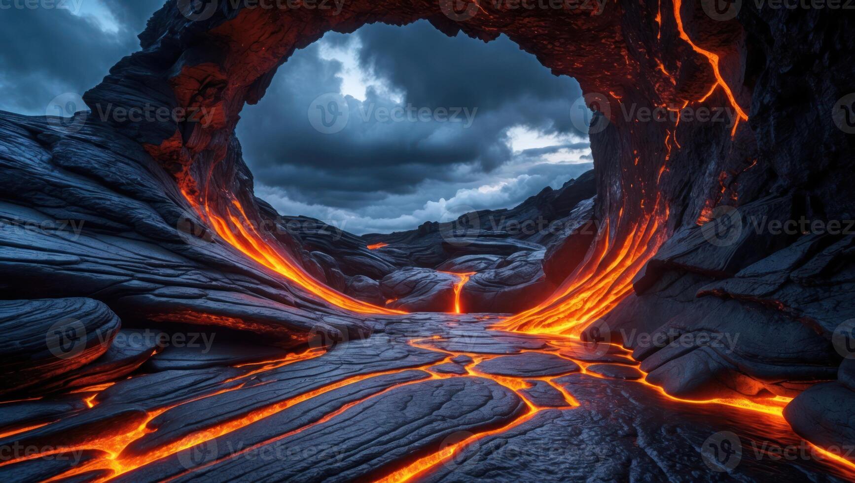 Lava Flowing Through Dark Rock Landscape with Cloudy Sky photo