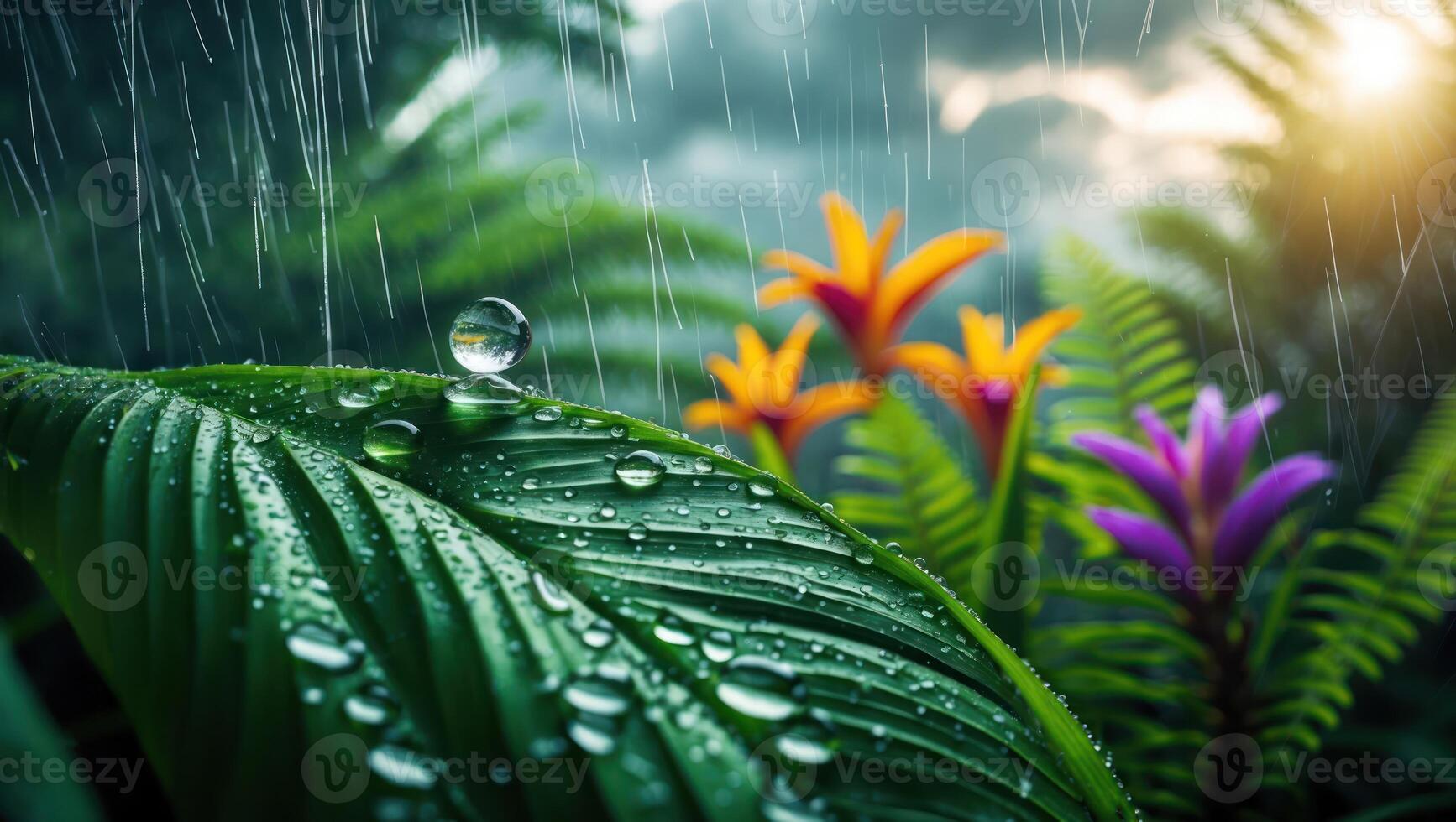 Rain Falling on Leaf with Flowers and Water Droplets photo