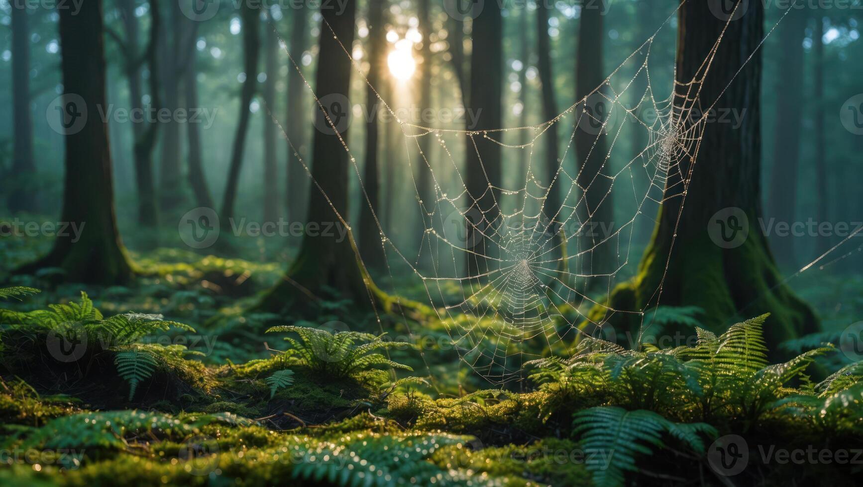Spiderweb in Forest with Ferns and Sunlight photo