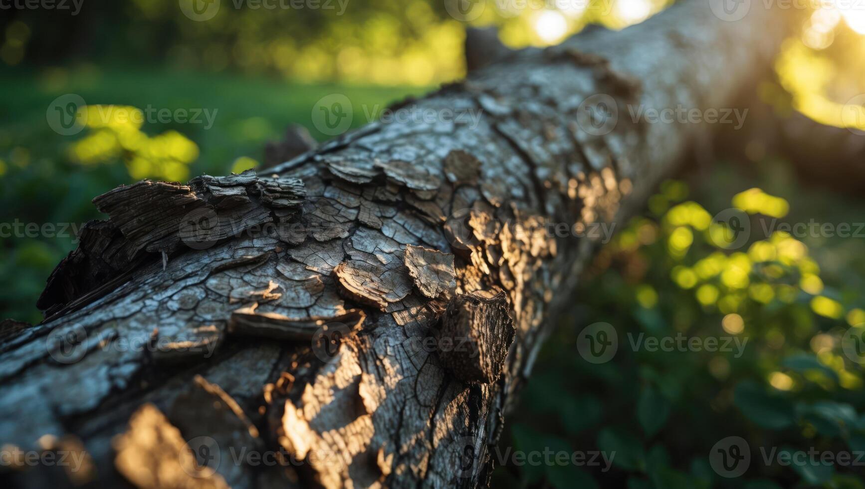 Fallen Tree Trunk Sunlight Bark Texture in Green Grass photo
