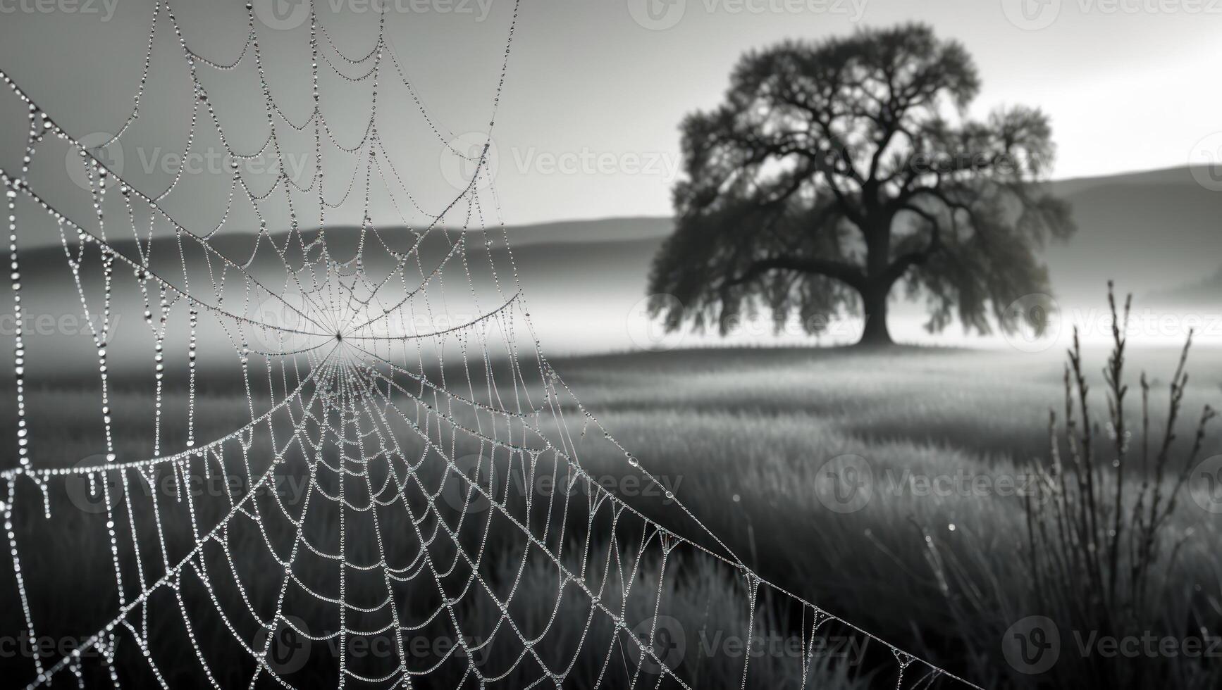 Spiderweb Dewdrops and Lone Tree in Foggy Field photo