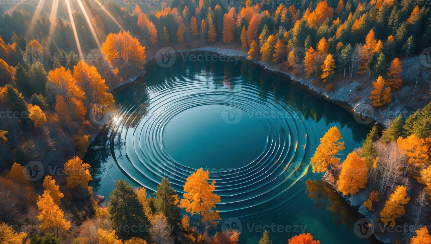 Aerial View of Lake with Autumn Forest Reflection photo