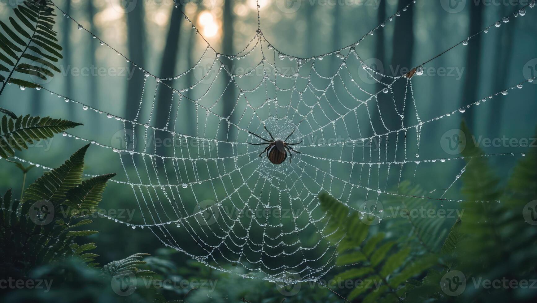 Spider on Dew Covered Web in Forest at Sunrise photo