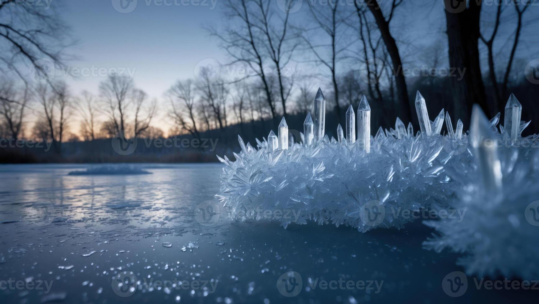 Ice Crystals Forming on Frozen Lake at Twilight photo