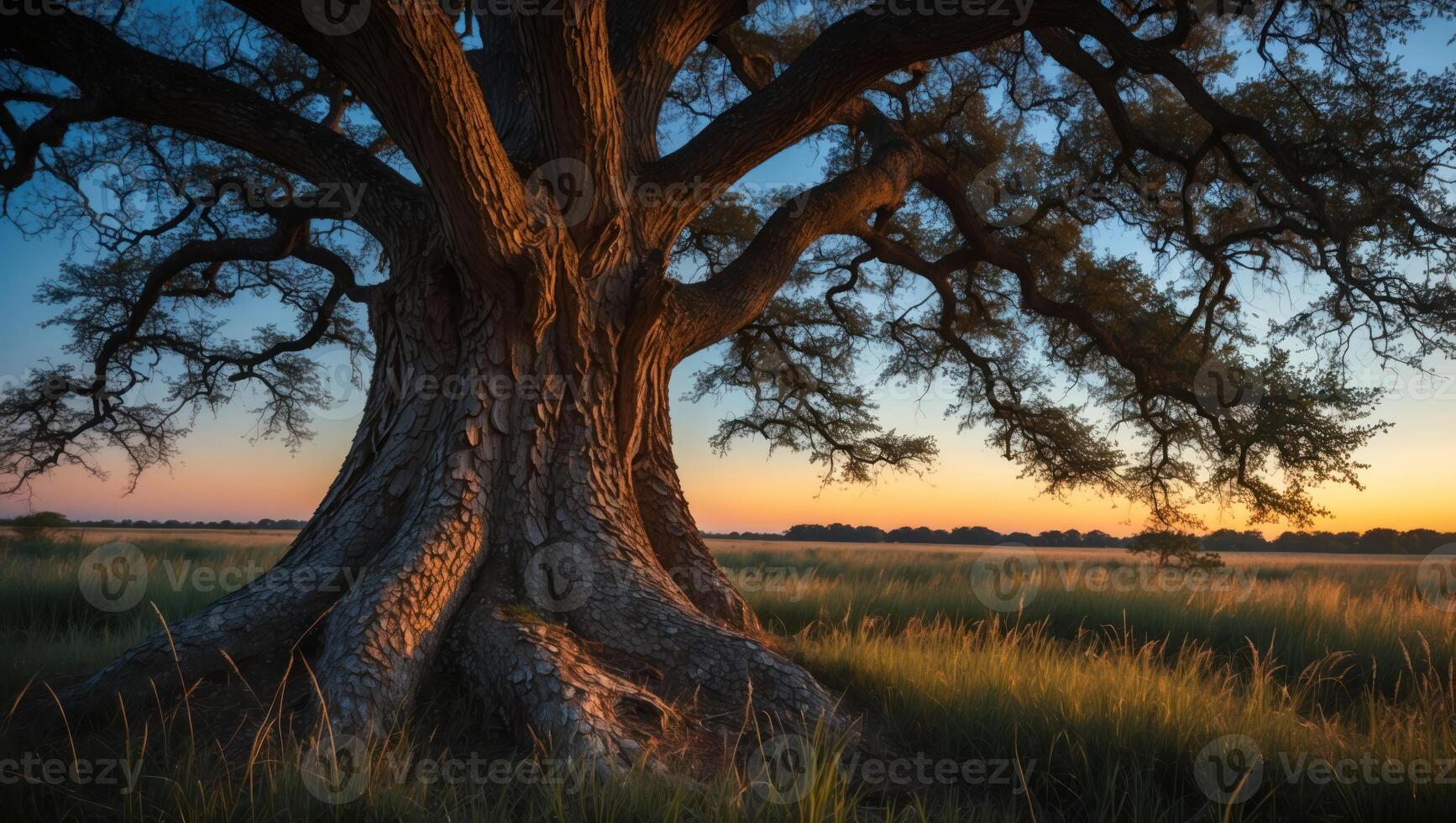 Lone Tree Standing in Field at Twilight Hour photo