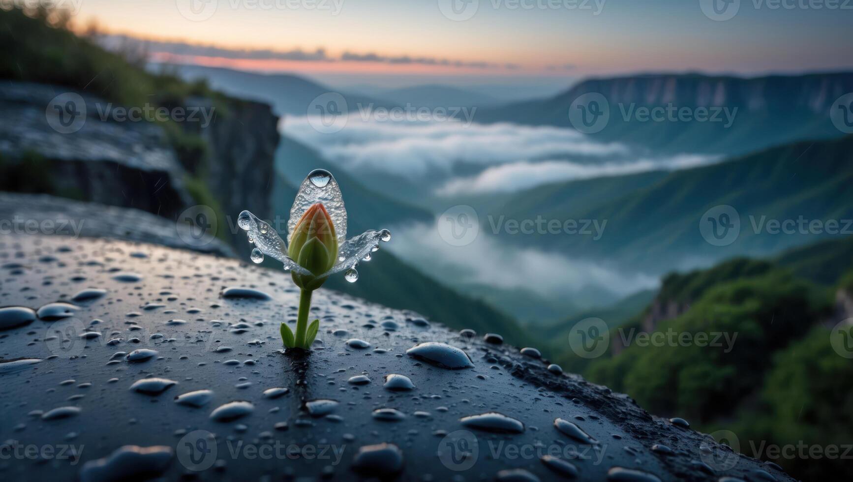 Flower Sprout on Cliff at Dusk Overlooking Misty Mountains photo