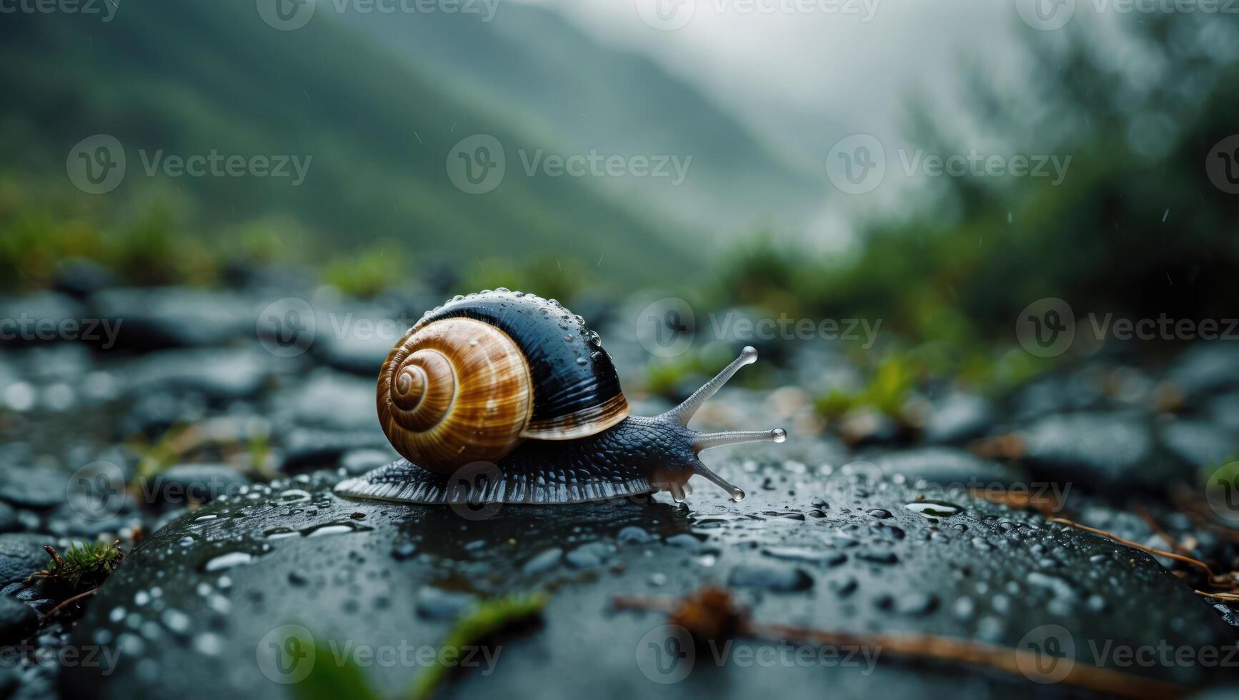 Snail Crawling on Wet Stones in Nature photo