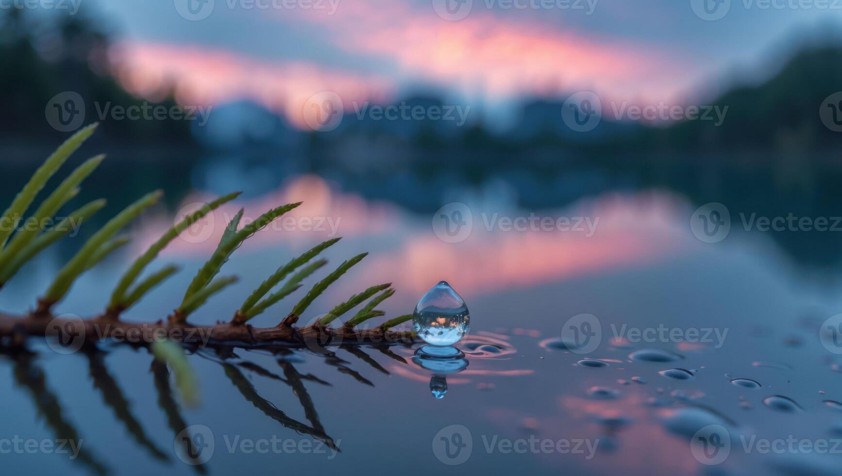 Water Drop on Branch Reflecting Lake at Sunset photo