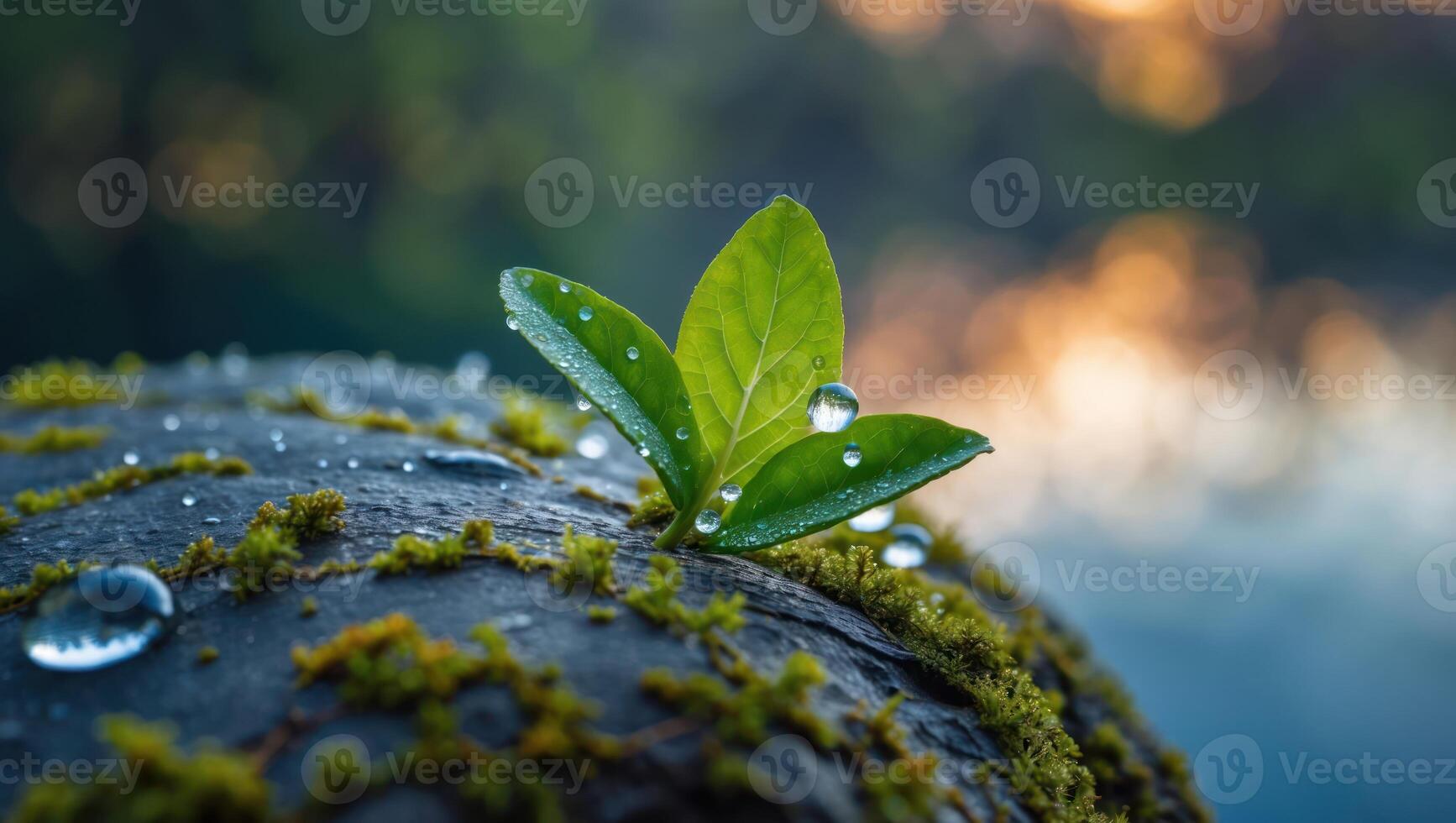 Plant Sprouting on Mossy Rock with Water Droplets photo