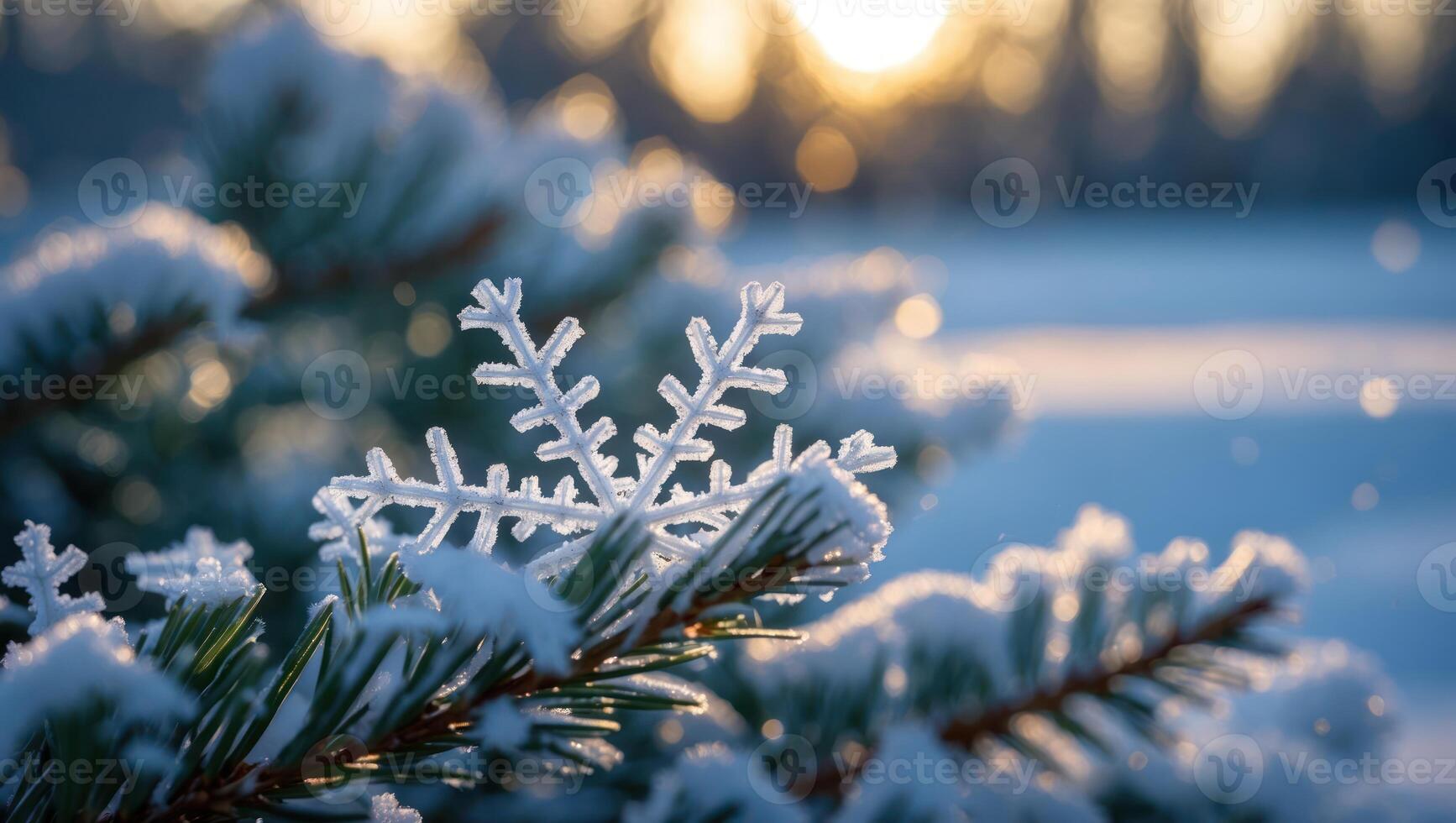 Snowflake on Pine Branch Winter Sunlight photo