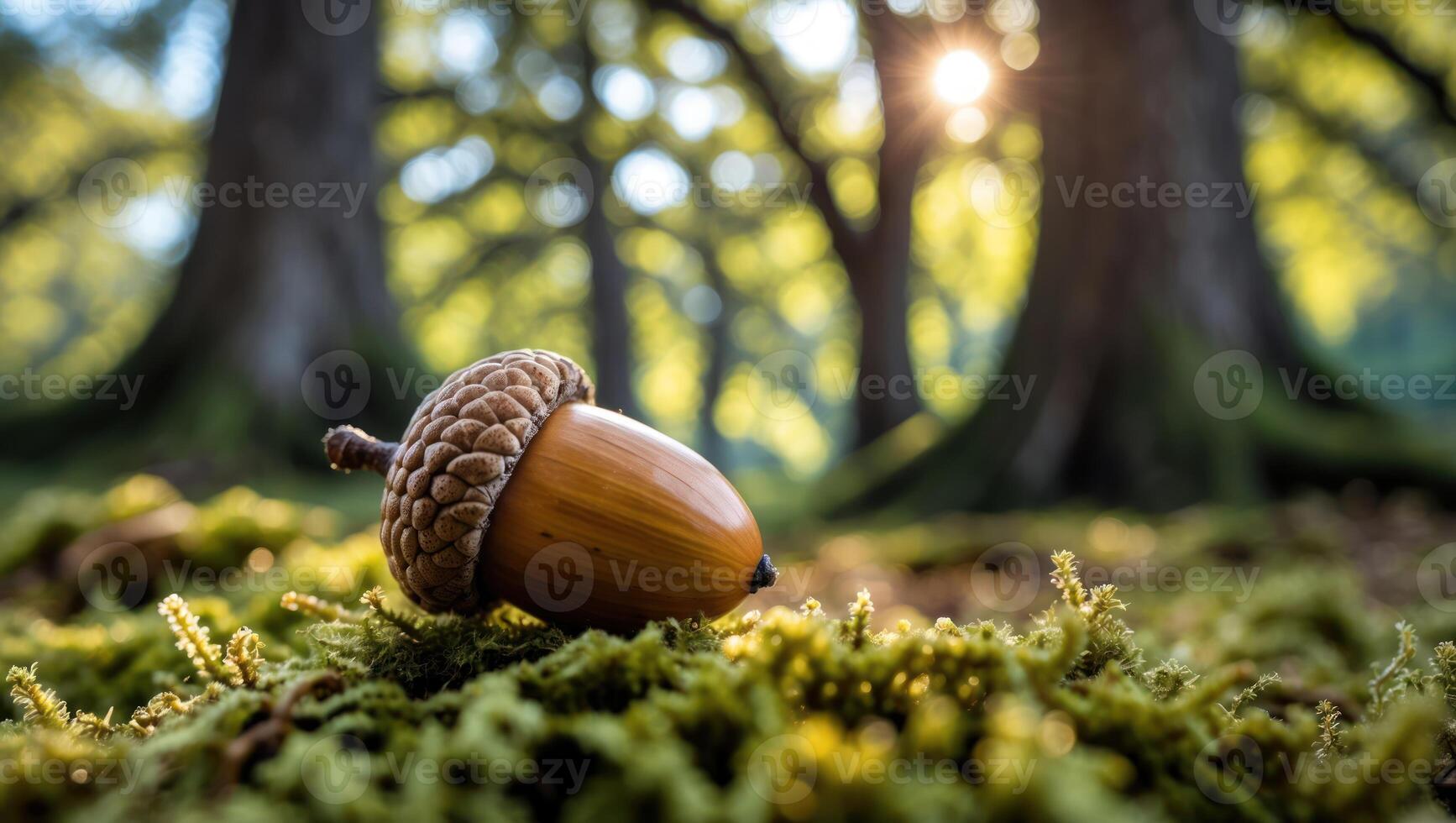 Acorn Resting on Moss in Sunlit Forest photo