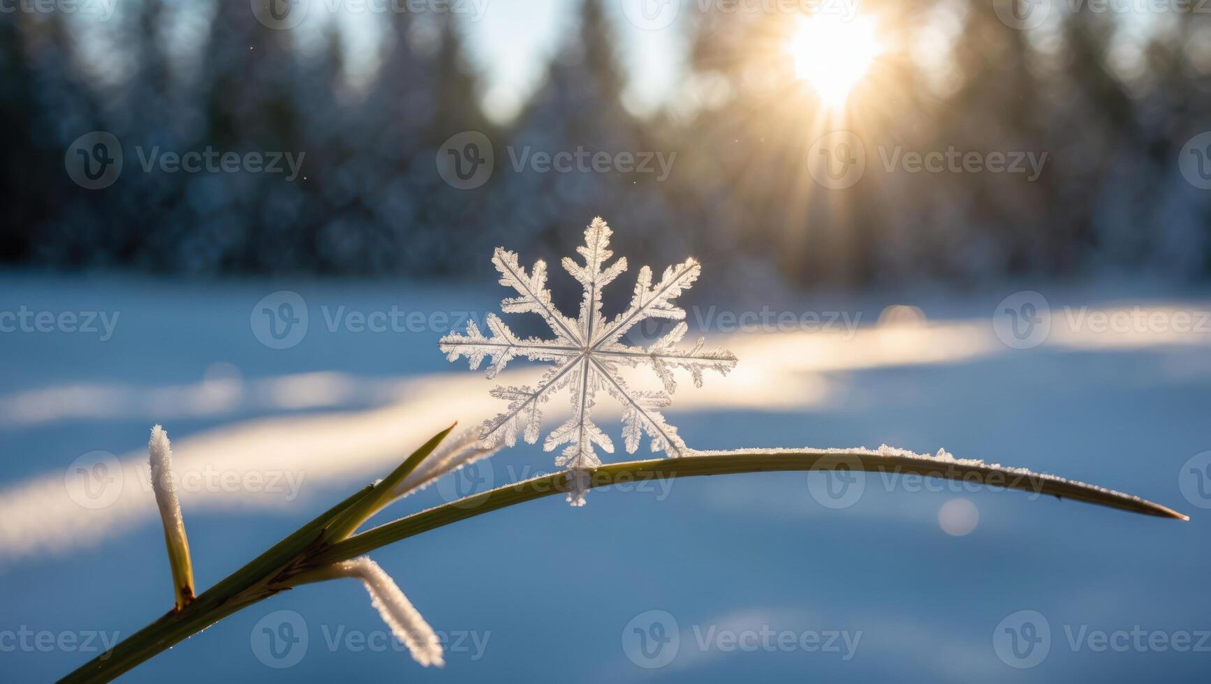 Snowflake on Grass with a Winter Landscape Background photo