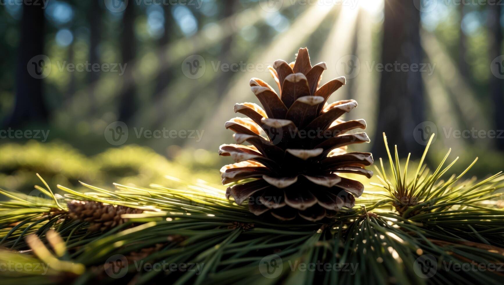 Pine Cone Resting on Needles in Forest Sunlight photo