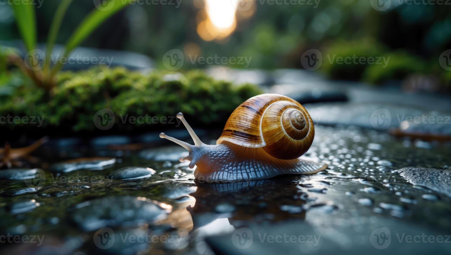 Snail Crawling on Wet Stone Path in Garden photo