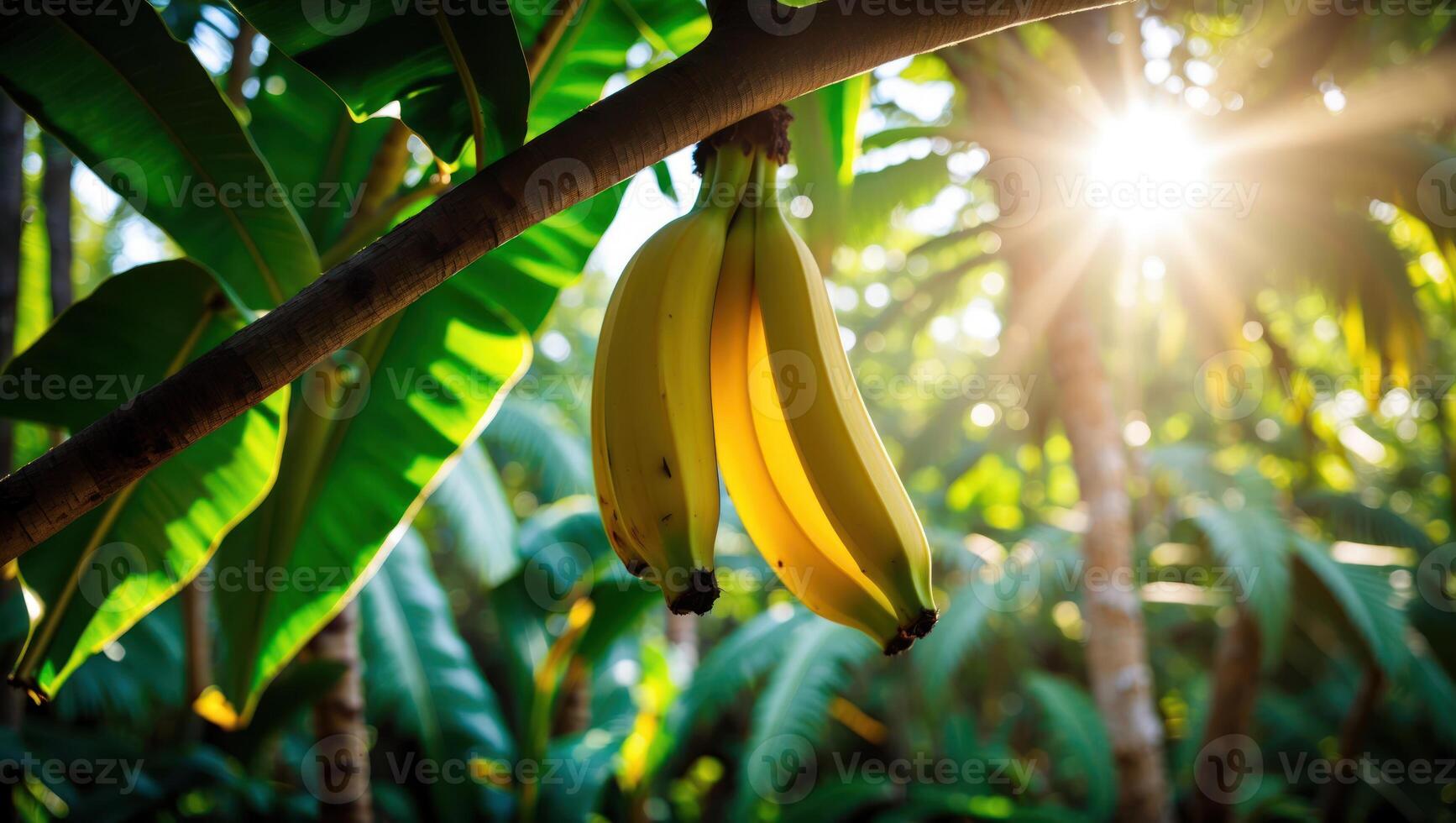 Hanging Bananas in Tropical Sunlight with Green Leaves photo