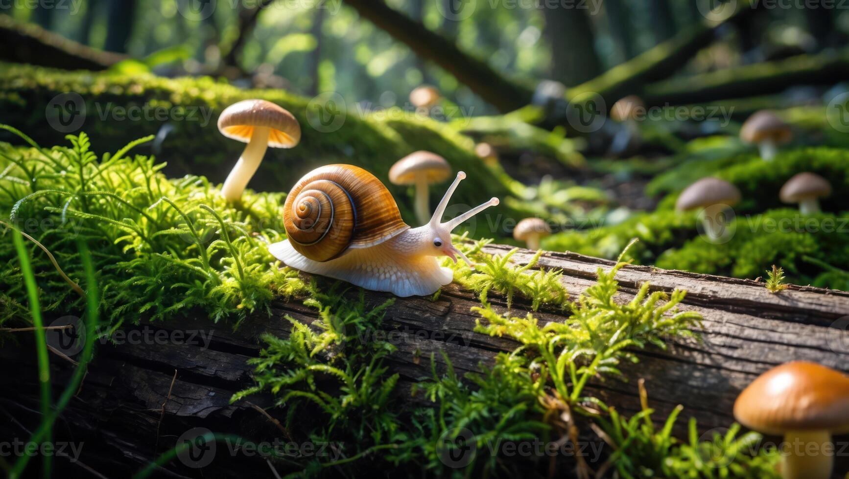 Snail Crawling on Mossy Log with Mushrooms in Forest photo