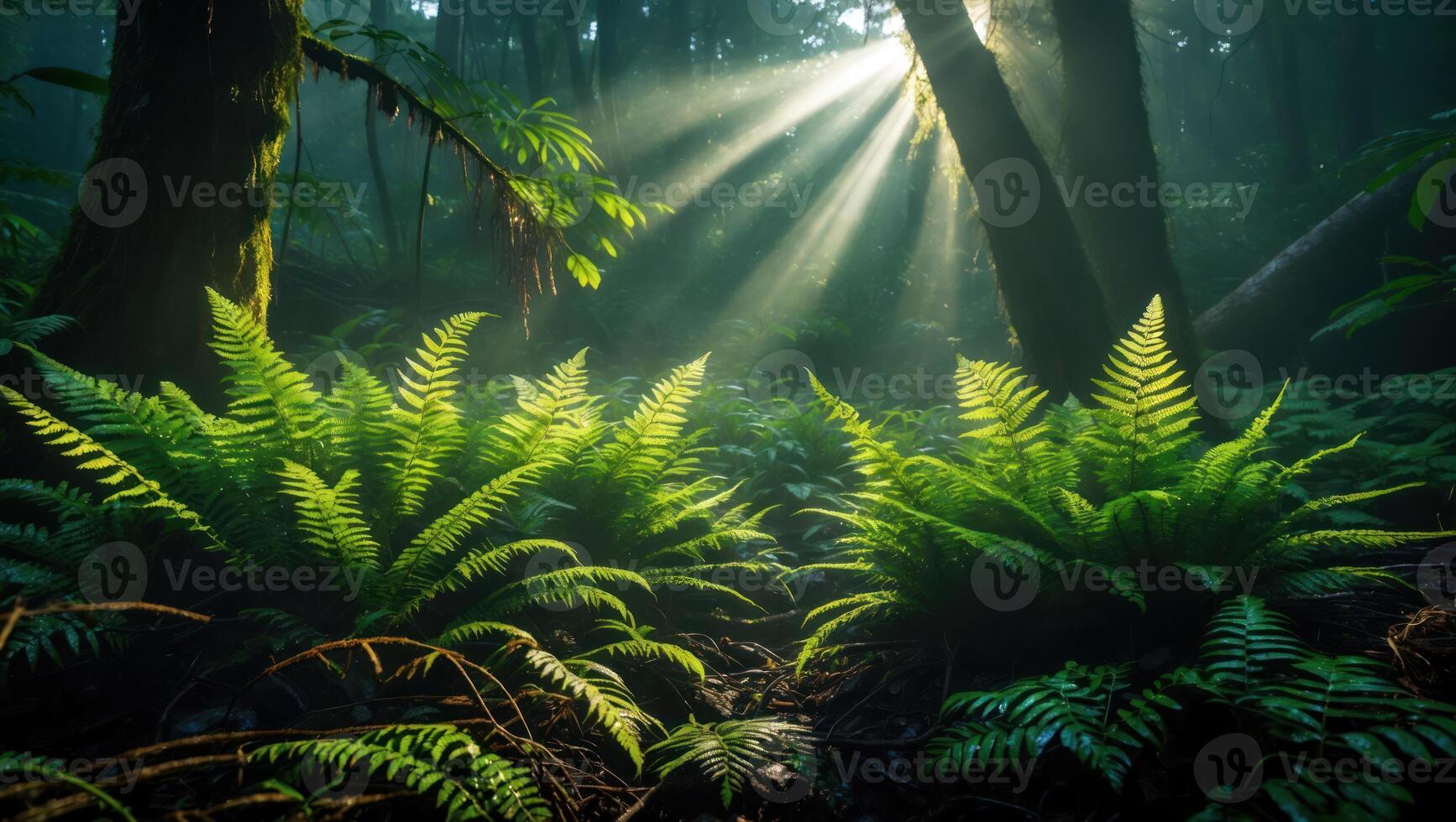 Ferns Glowing in Forest Sunlight Green Nature Scene photo