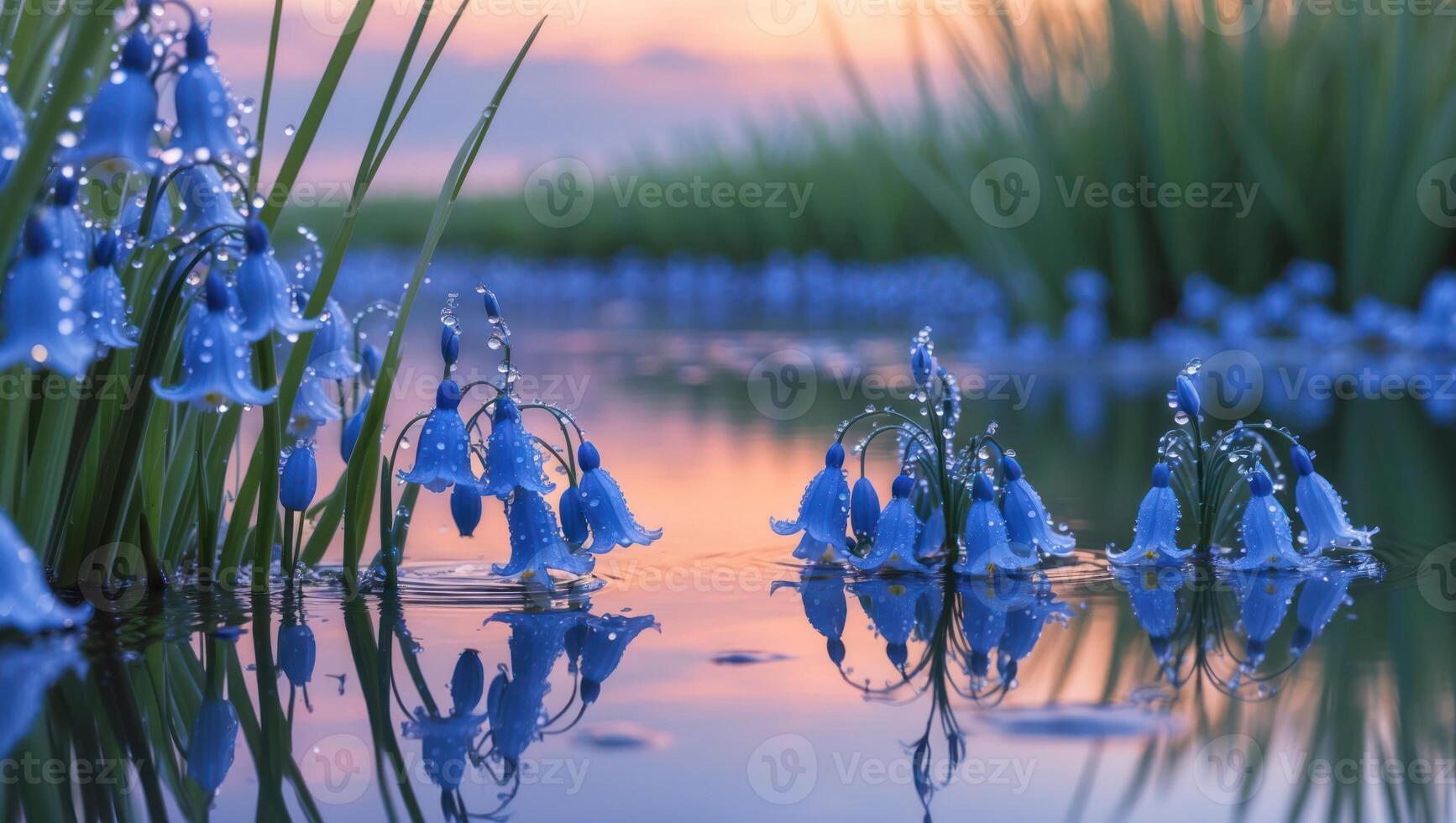 Bluebell Flowers Reflecting in Water at Sunset photo