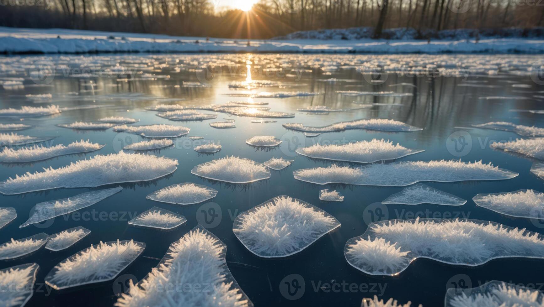 Floating Ice Crystals on Water at Sunset photo