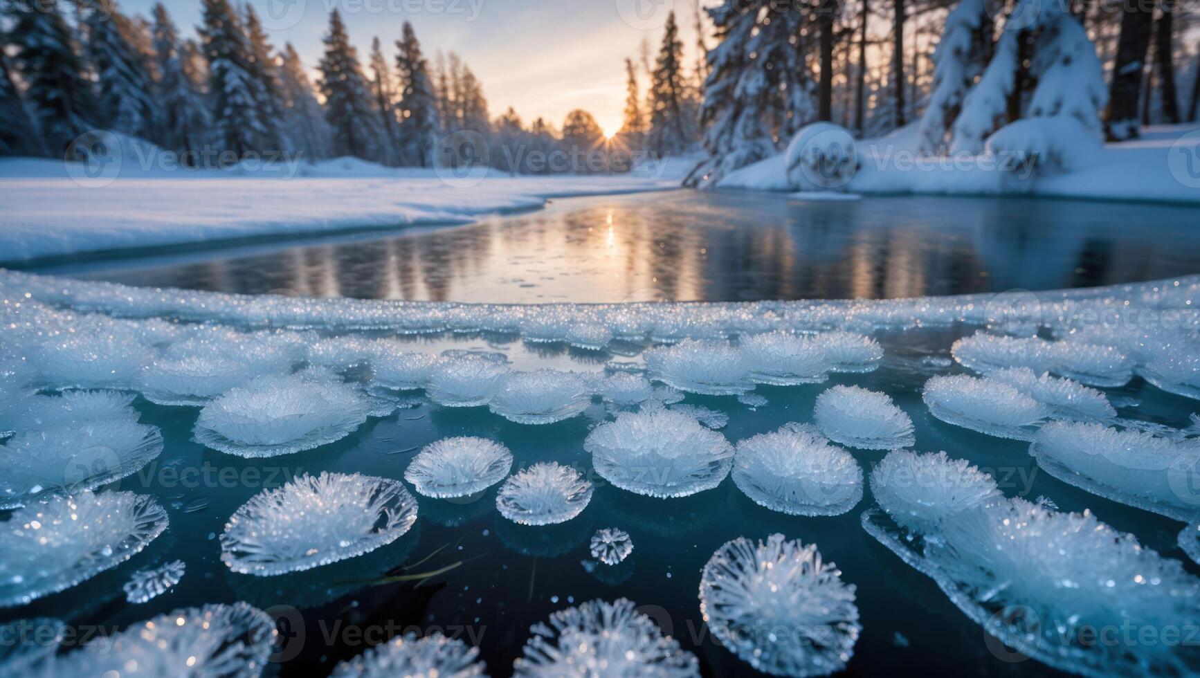 Icy Lake Edge in Winter with Snow Covered Forest photo