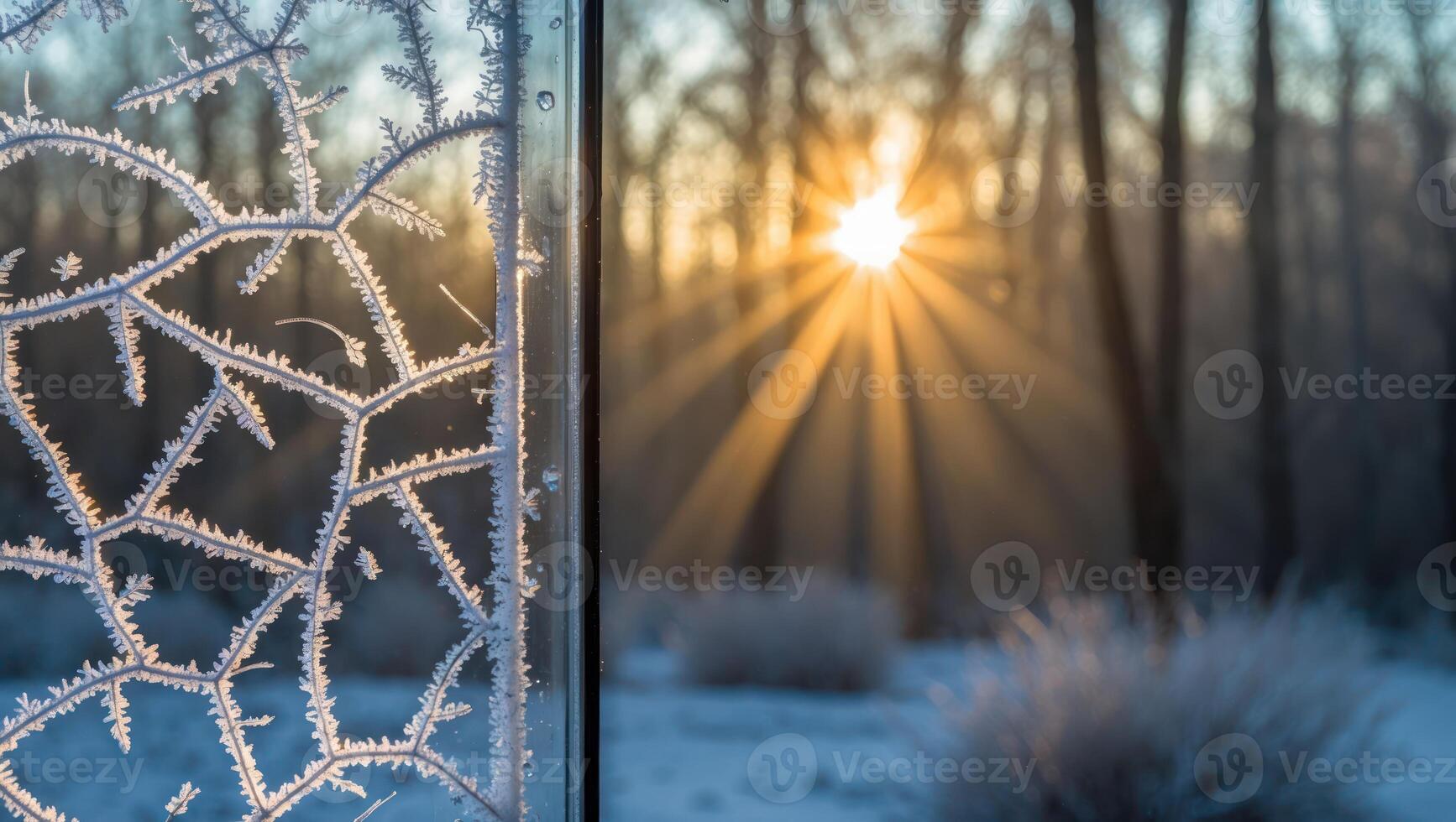 Frost Crystals on Window with Sunlight Bursting Through photo