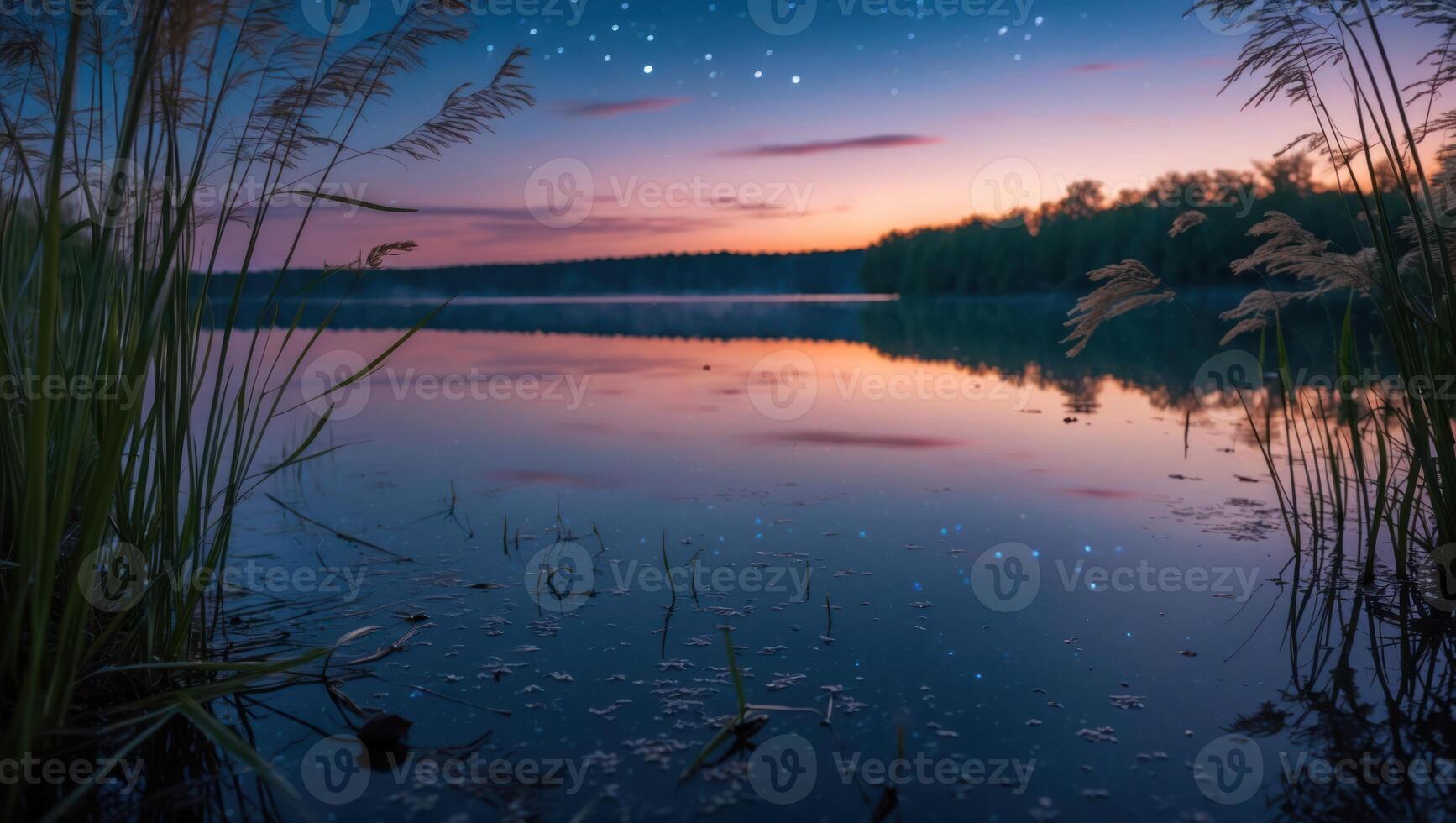 Still Lake Reflection at Dusk with Reeds and Stars photo