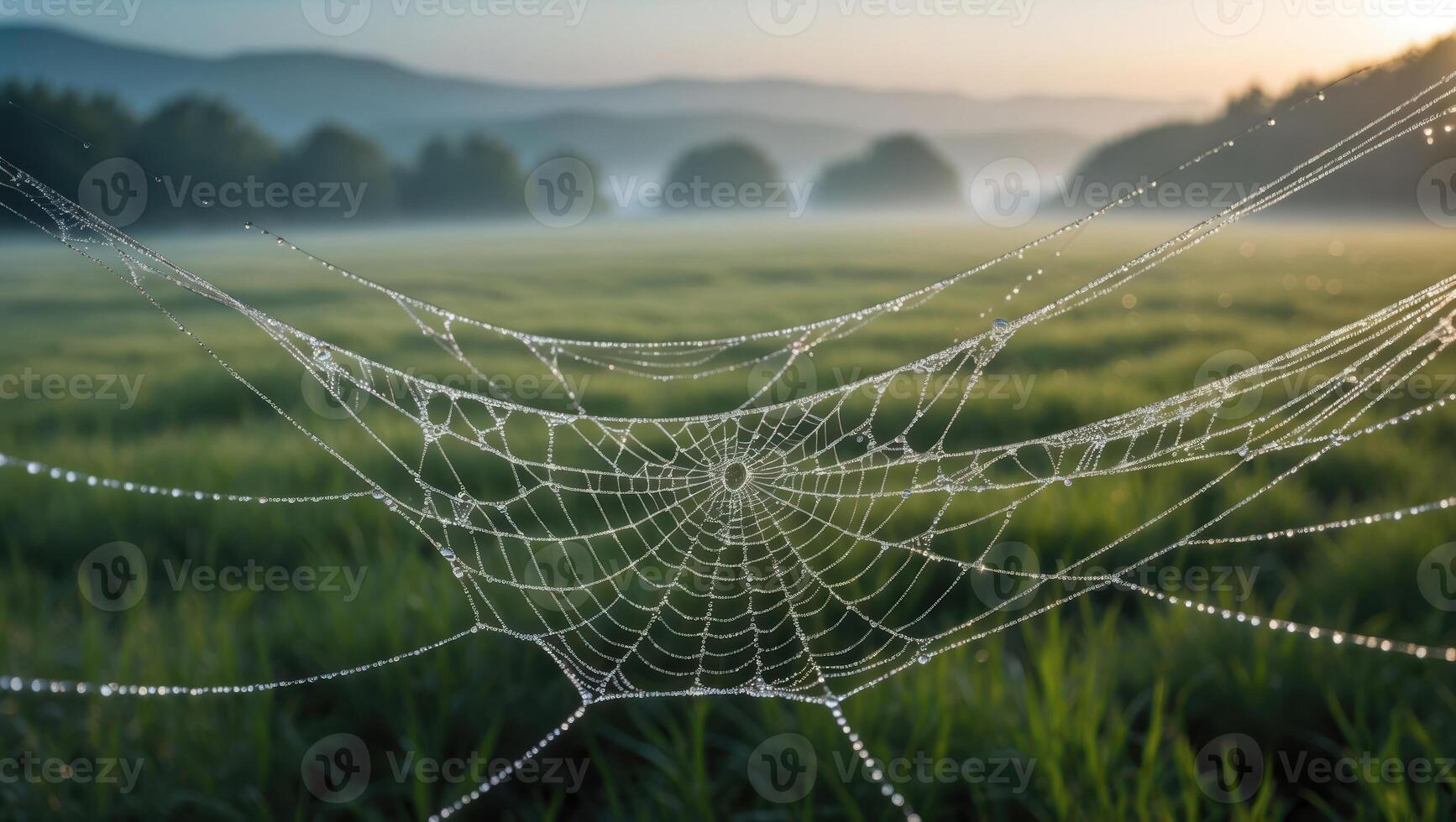 Spiderweb with Dew Drops in a Field at Sunrise photo