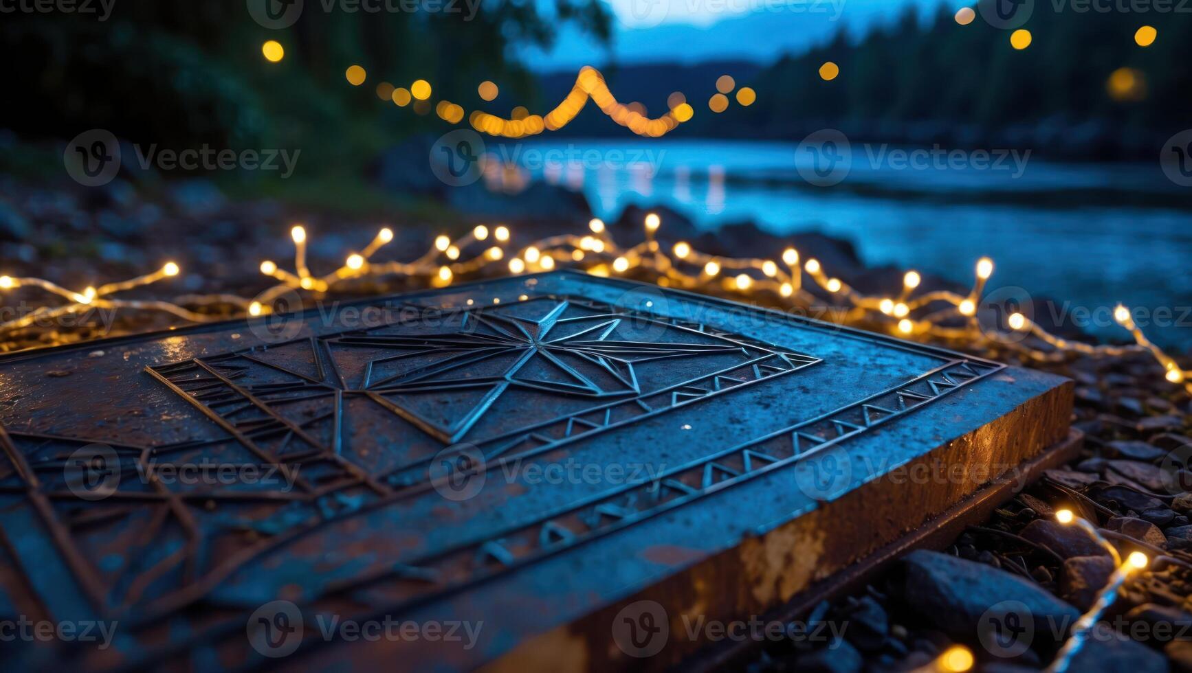 Metal Artwork with String Lights by a Flowing River photo