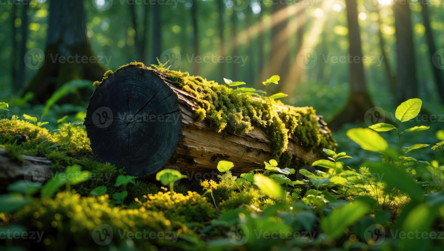 Moss Covered Log Lying in Sunny Green Forest photo