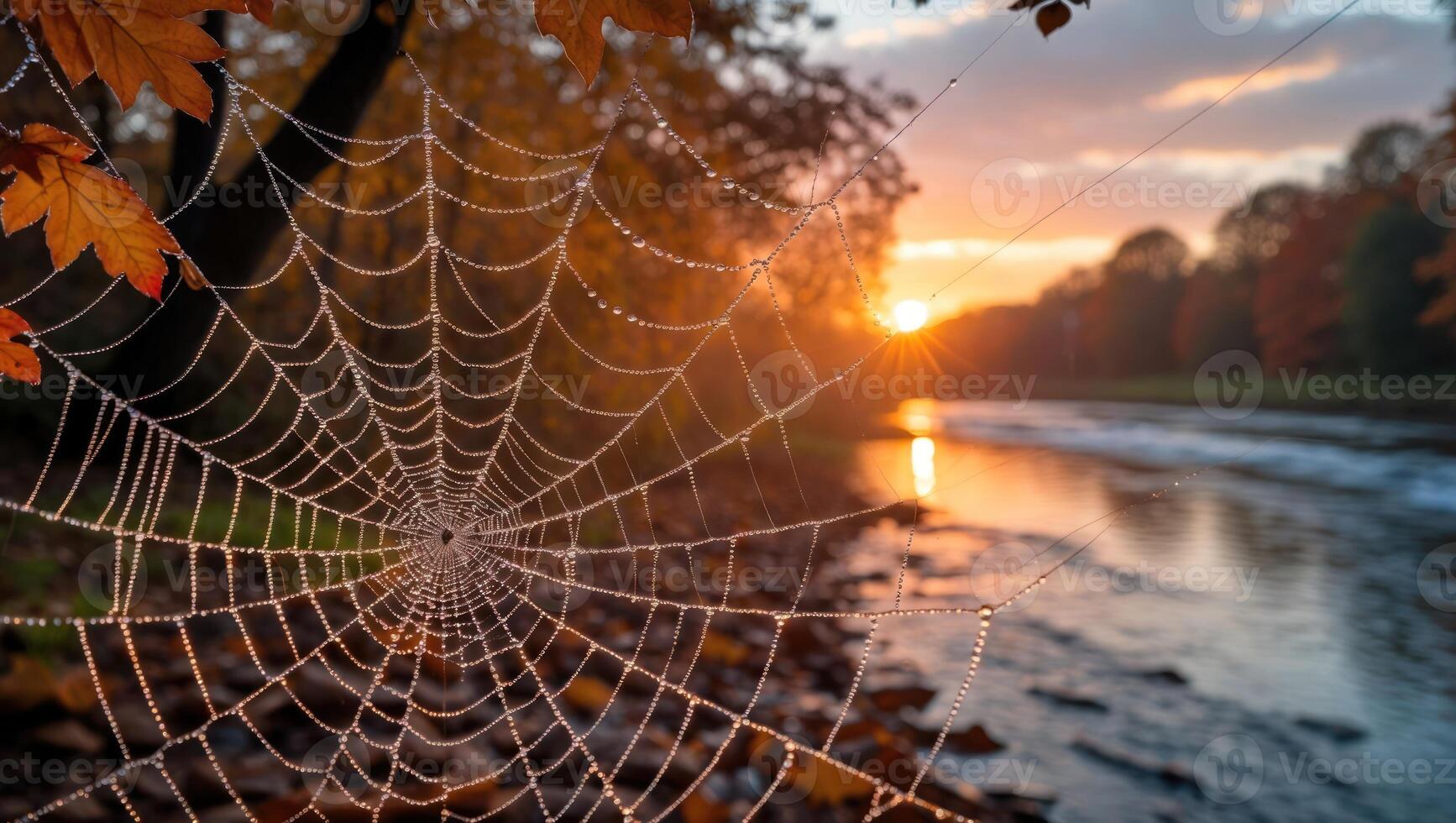 Spiderweb with Dew Drops at Golden Hour River Scene photo