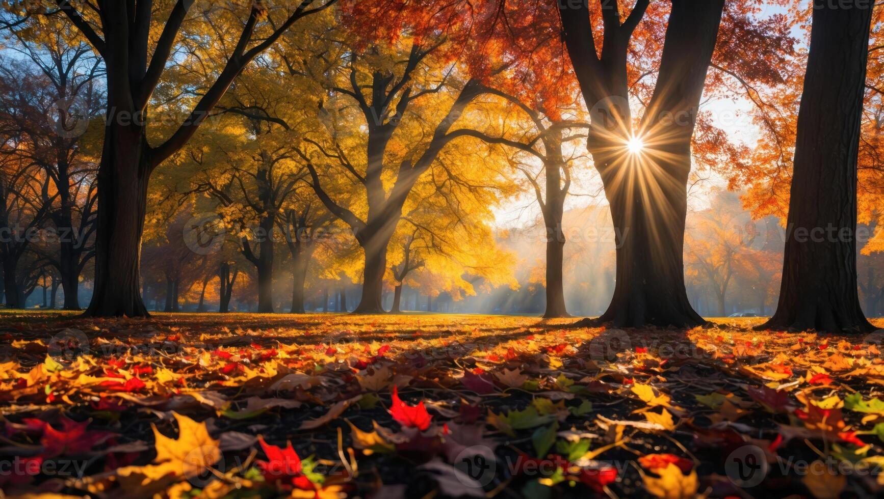 Autumn Trees with Sunlight and Fallen Leaves photo