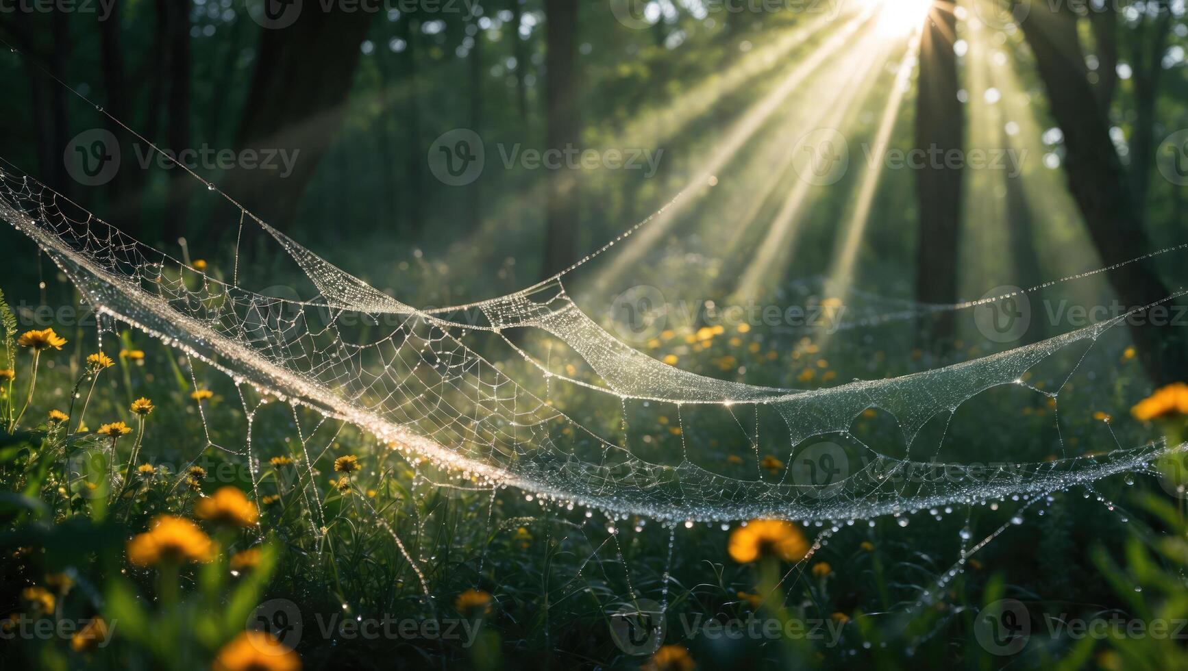 Spiderweb Covered in Dewdrops with Sunrays photo