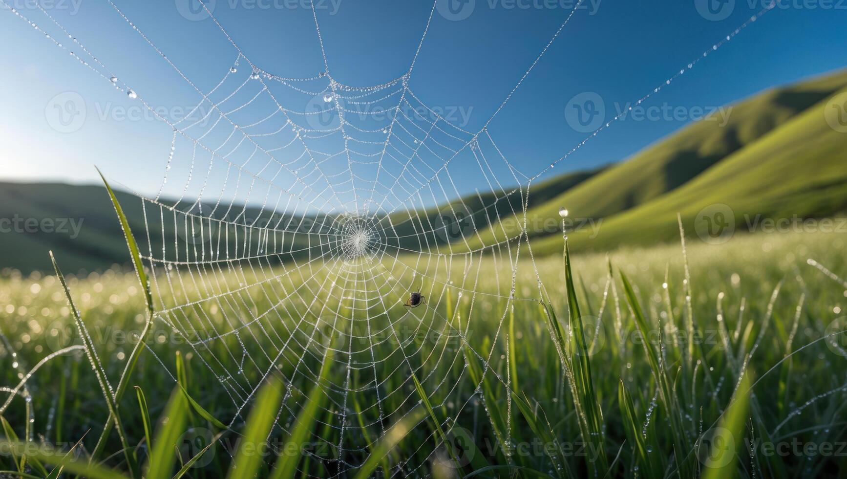 Spiderweb Dew Drops on Grass with Rolling Green Hills photo