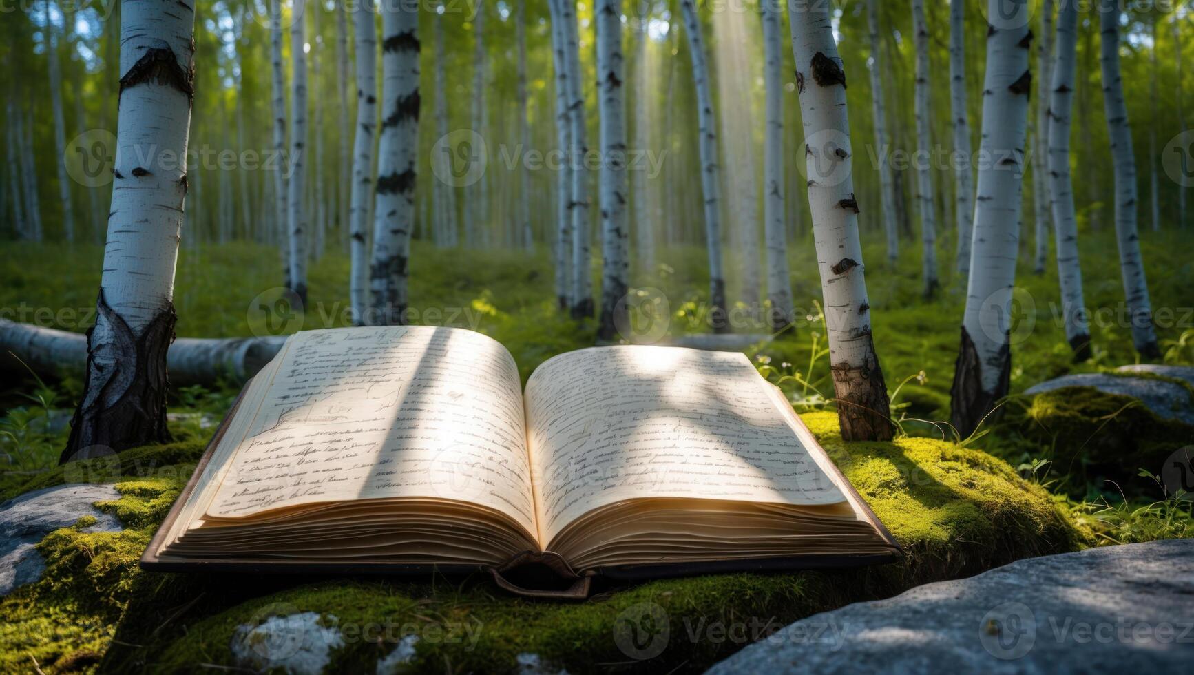 Open Book in Birch Forest with Sunlight Streaming Through photo