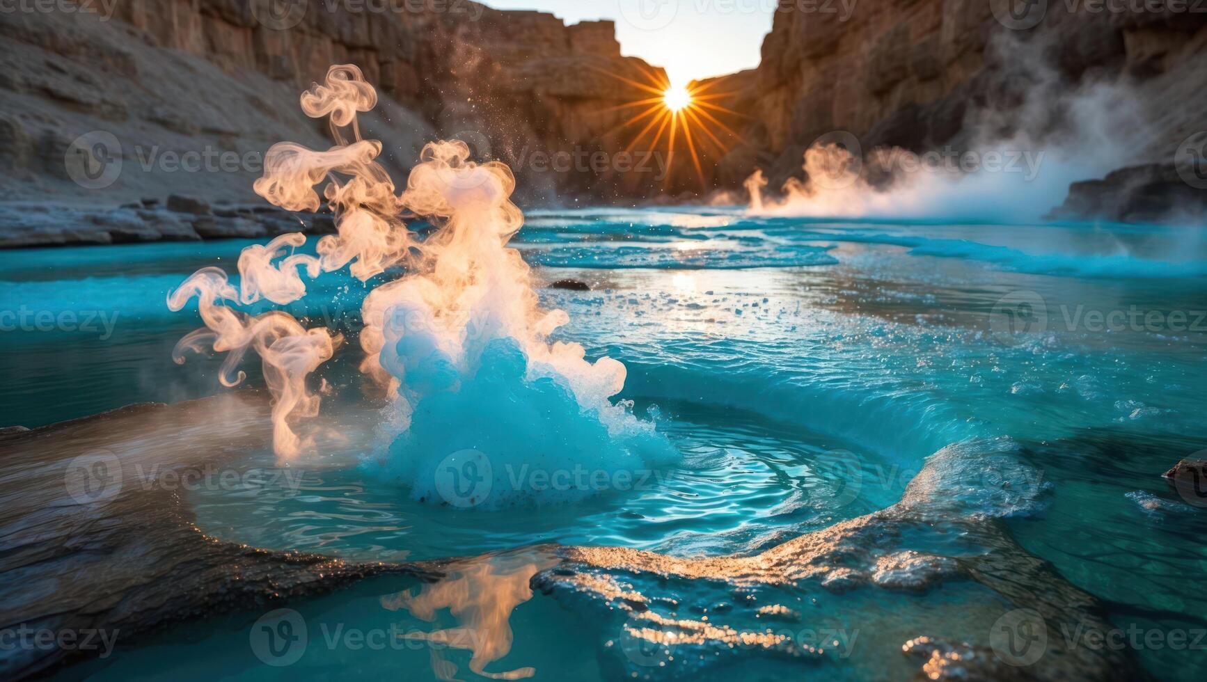 Hot Spring with Steam in Canyon at Sunrise photo