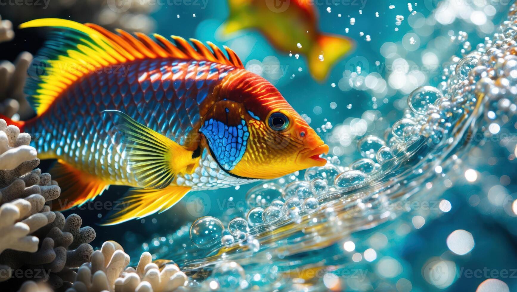 Colorful Fish Swimming in Water with Bubbles photo