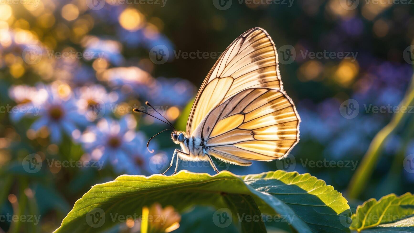Butterfly Resting on Green Leaf in Sunlight photo