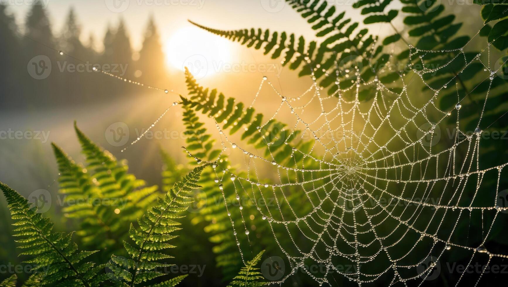 Dew Covered Spiderweb and Ferns at Sunrise in Forest photo