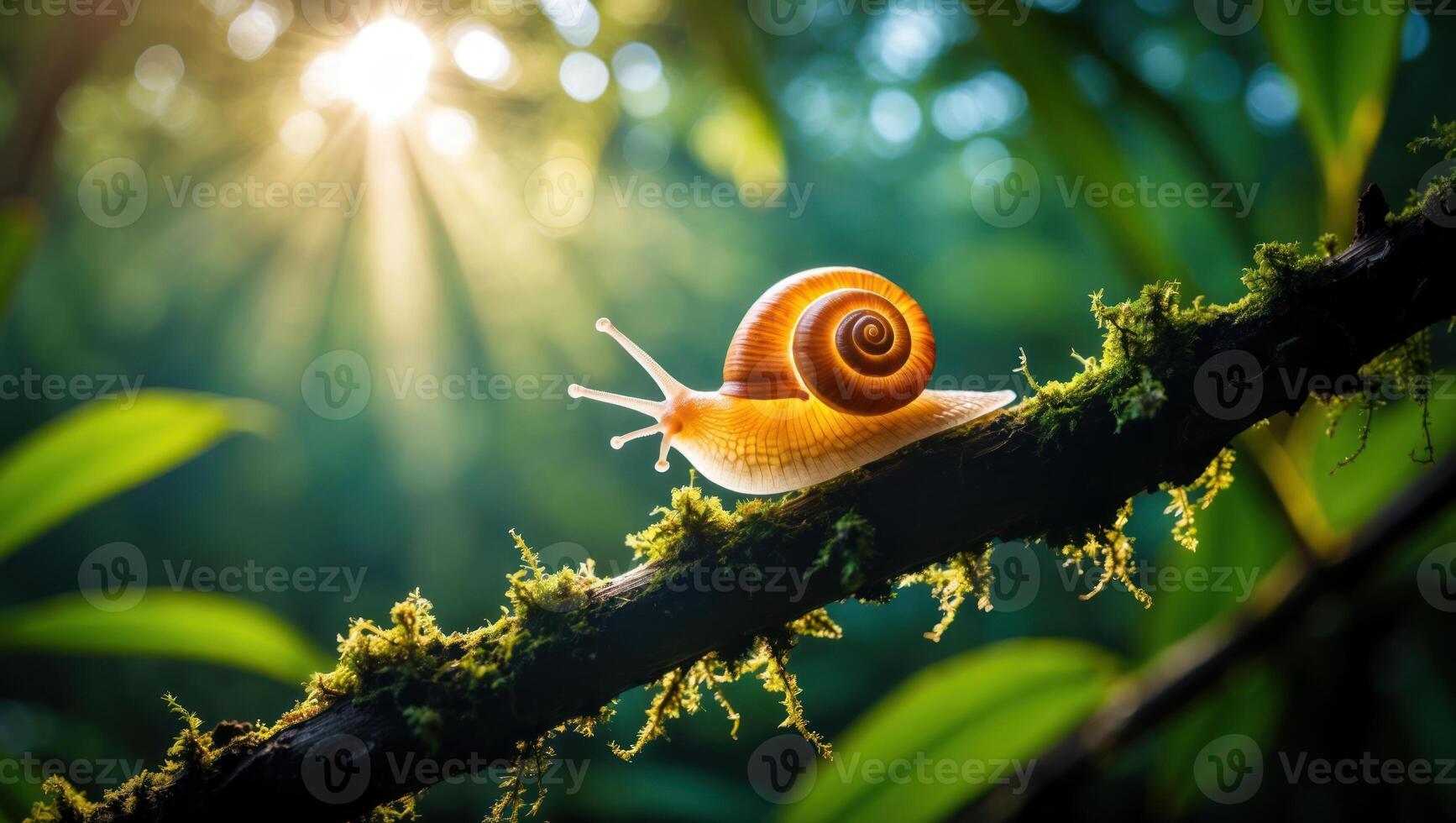 Snail Crawling on Branch with Moss and Sunlight photo